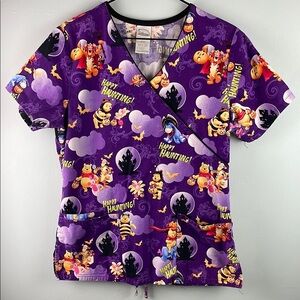Disney Winnie the Pooh Purple Halloween Cartoon Scrub Top Size S